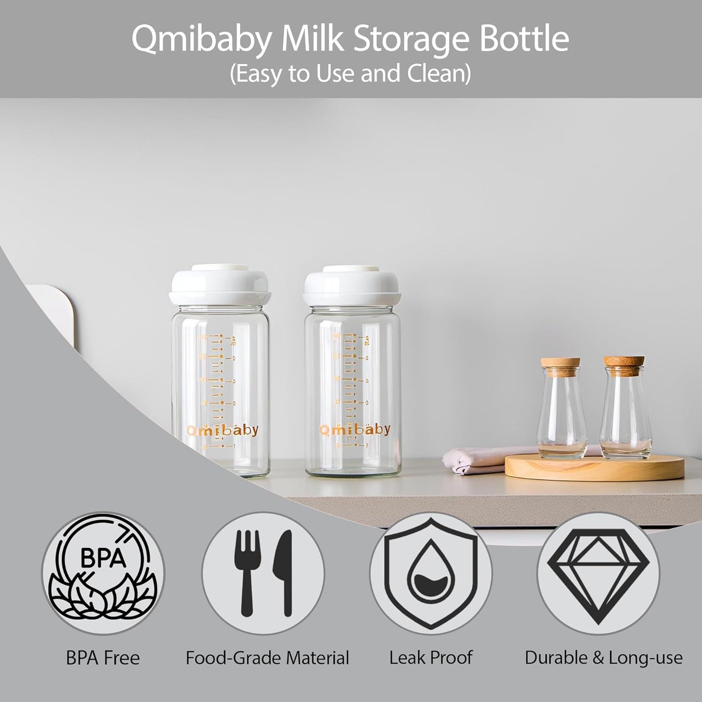 Glass Breastmilk Storage Bottles 180ml 6oz BPA-Free Leak-Proof Natural Baby Bottle for Breastmilk Storage Wide Neck Bottles with Screw Ring Sealing Disk Breastfeeding (Grey, 180ml-2Packs)