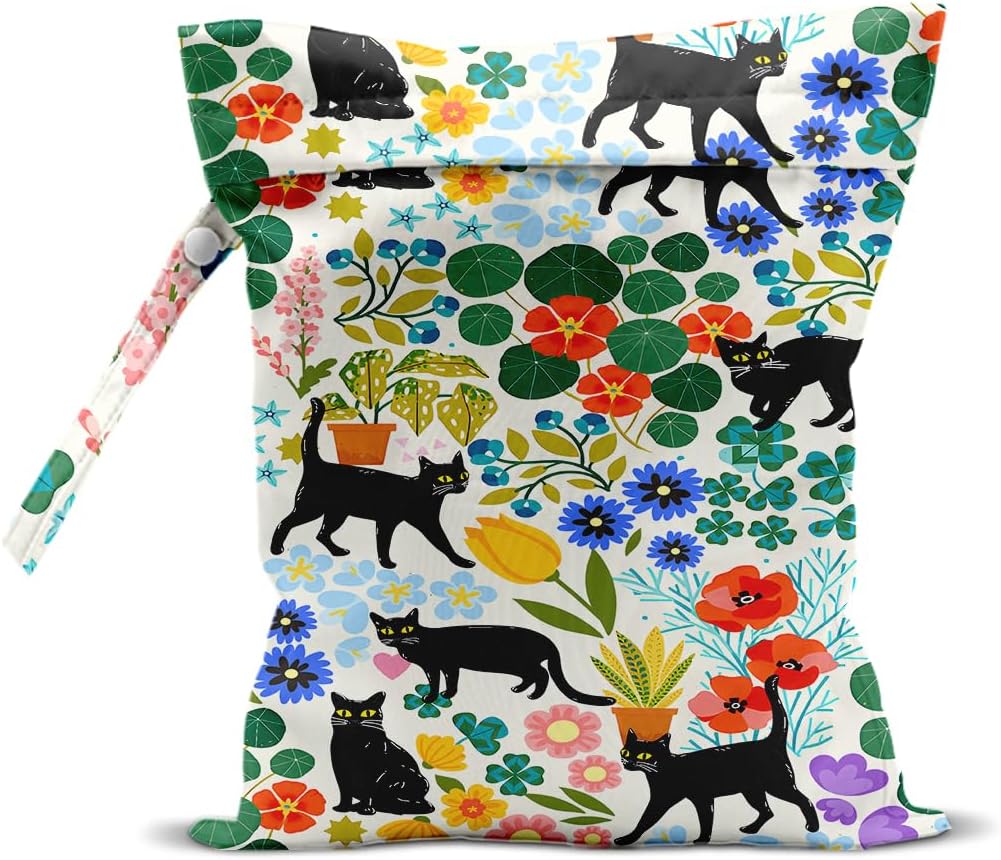 Cat Wet Bags 12x10 Inch, Colorful Floral Waterproof Wet Dry Bags, Flowers Washable Travel Laundry Bag for Swimsuit Pool Beach Diapers Dirty Yoga Gym Clothes, Cat Gifts for Women Friend Travelers