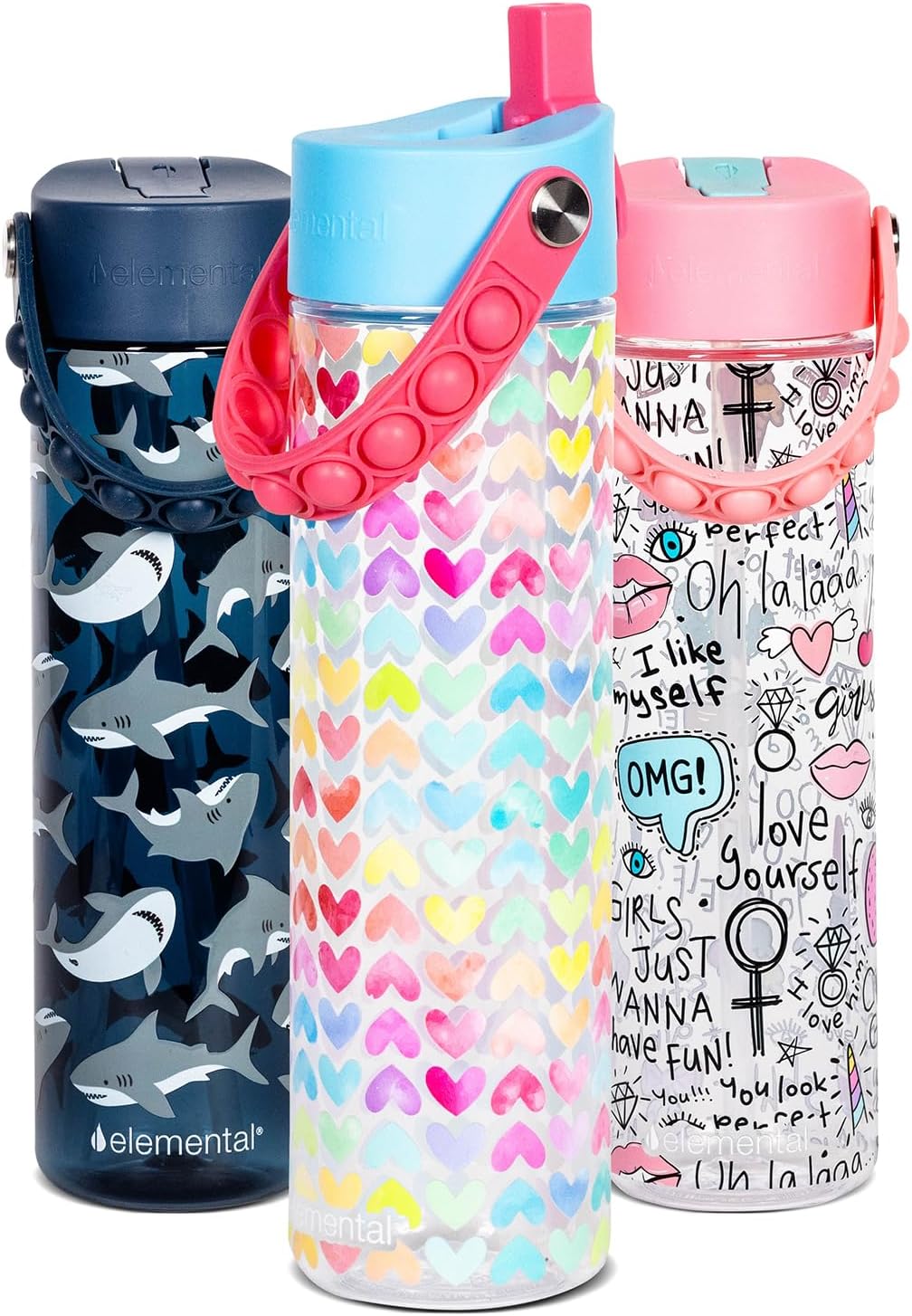 Elemental Splash Water Bottle with Straw - BPA-Free Tritan Plastic Reusable Water Bottle with Pop It Strap - Ideal for Travel, Gym and Sports - Leak Proof when Spout is Closed - 26oz - Rainbow Heart
