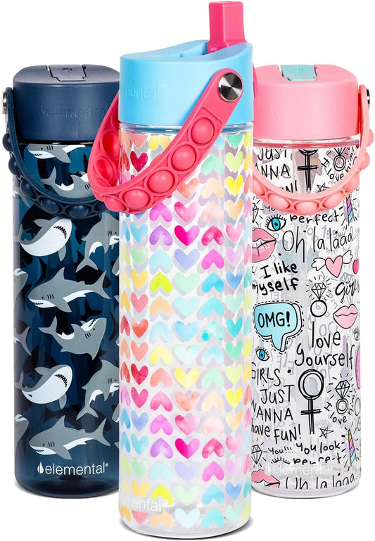 Elemental Splash Water Bottle with Straw - BPA-Free Tritan Plastic Reusable Water Bottle with Pop It Strap - Ideal for Travel, Gym and Sports - Leak Proof when Spout is Closed - 26oz - Rainbow Heart