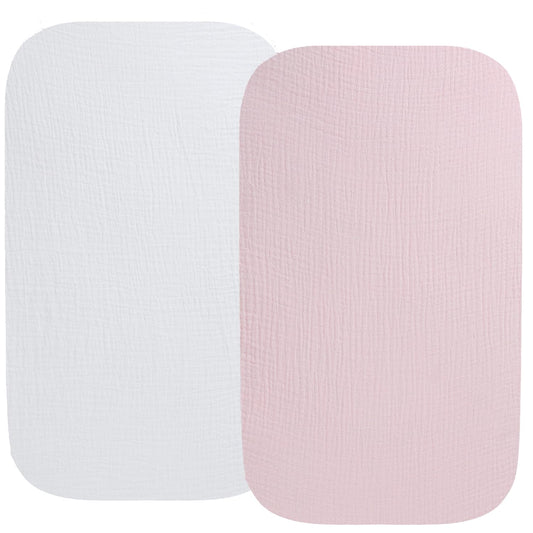 Muslin Bassinet Sheet Compatible with ANGELBLISS, Koolerthings (3 in 1), Pamo Babe 2in1 and Ihoming Bedside, 2 Pack Cotton Fitted White & Pink