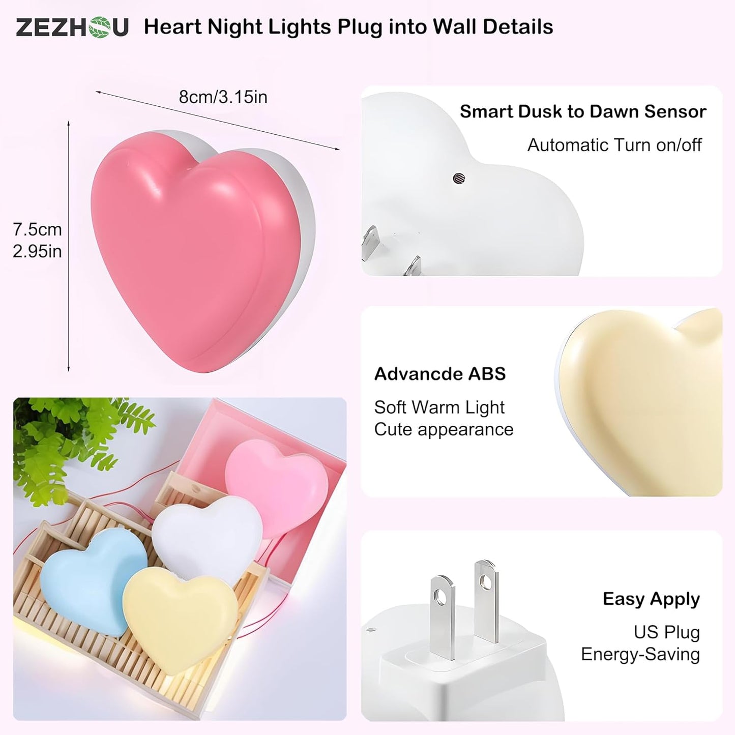 Night Lights Plug into Wall - Cute Heart LED Night Light for Kids, Plug in Nightlight with Smart Auto On/Off Dusk to Dawn Sensor, Soft Warm Blue Lamp for Bedroom Nursery Living Room Bathroom Hallway