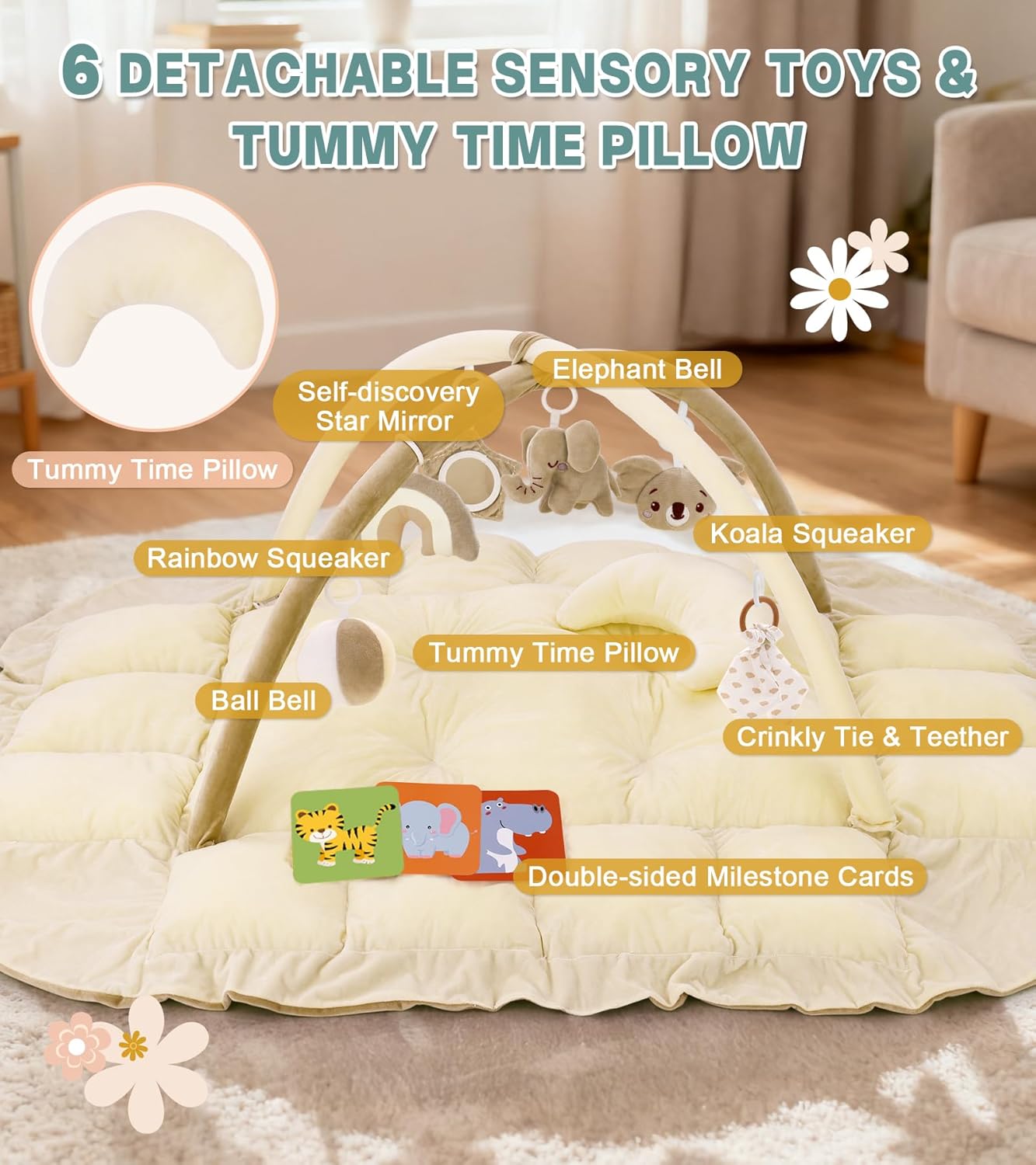 5-in-1 Baby Play Gym and Tummy Time Mat, Tummy Time Pillow & 12 Learning Cards, Plush Activity Mat with 6 Toys, Baby Gym, Convertible to Ball Pit & Pet Bed, Baby Gift, Cream