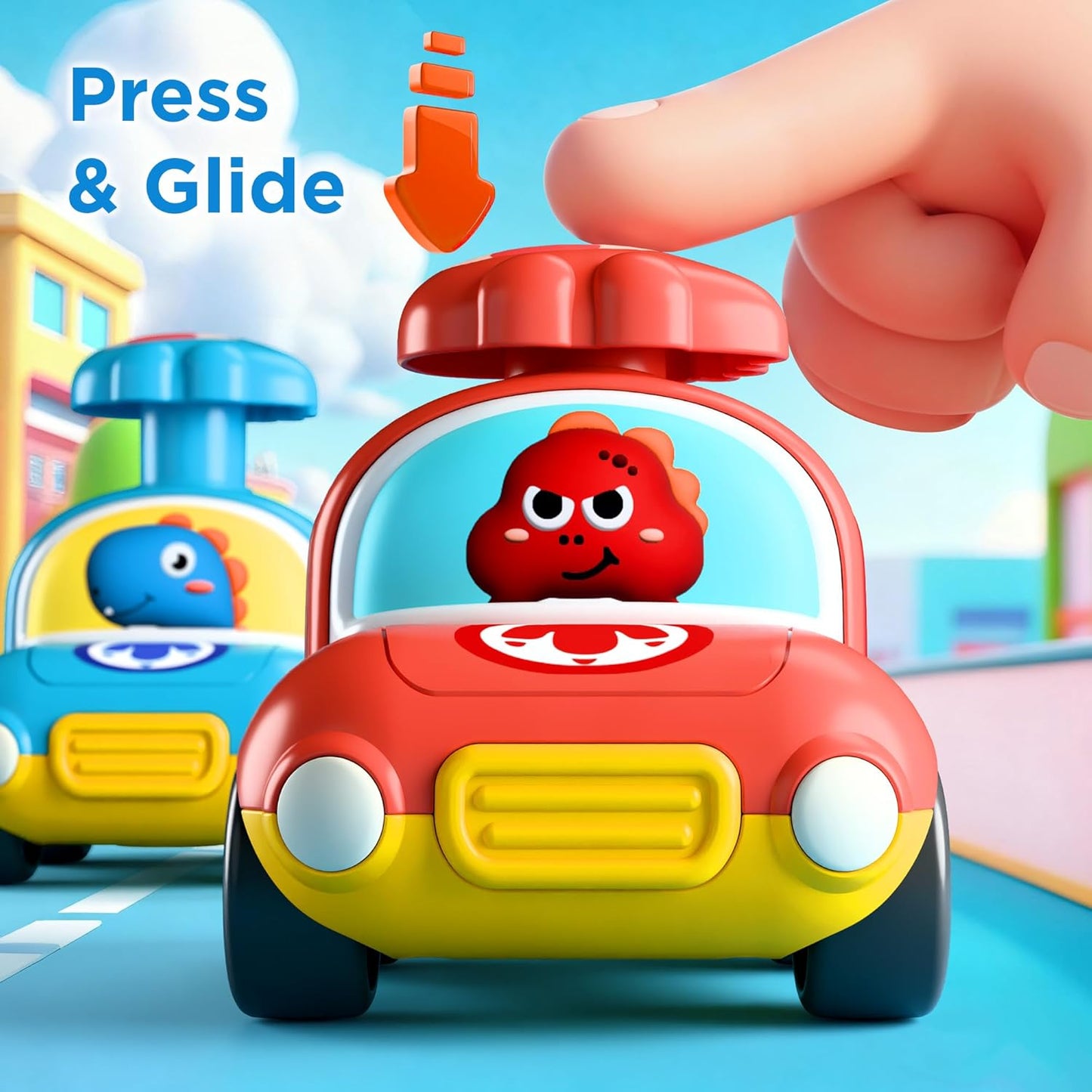 iPlay, iLearn Press to Go Dinosaur Car Toys for Toddlers 1-3, Baby Play Race Vehicle Set, Infant Boy Push Go Friction Toy, 4pcs Animal Car for 12 18 24 Month, 1st Birthday Gift for 1 2 3 Yr Kid Child