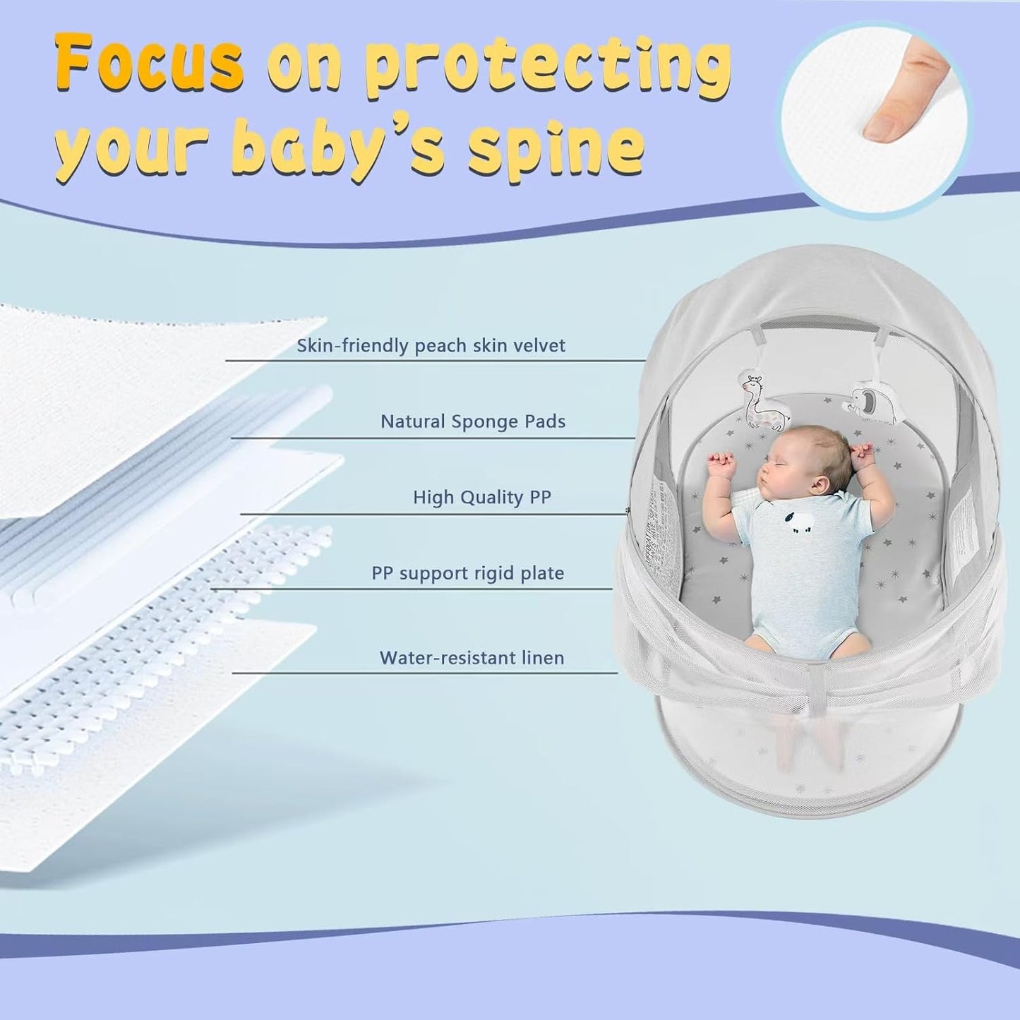 Portable Baby Bassinet Travel Baby Bed included Carry Backpack , Baby Cribs Travel Pod for Outdoors Baby Lounger Infant Travel Bed with Mosquito Net and Sunshade Canopy, Lightweight Washable Foldable