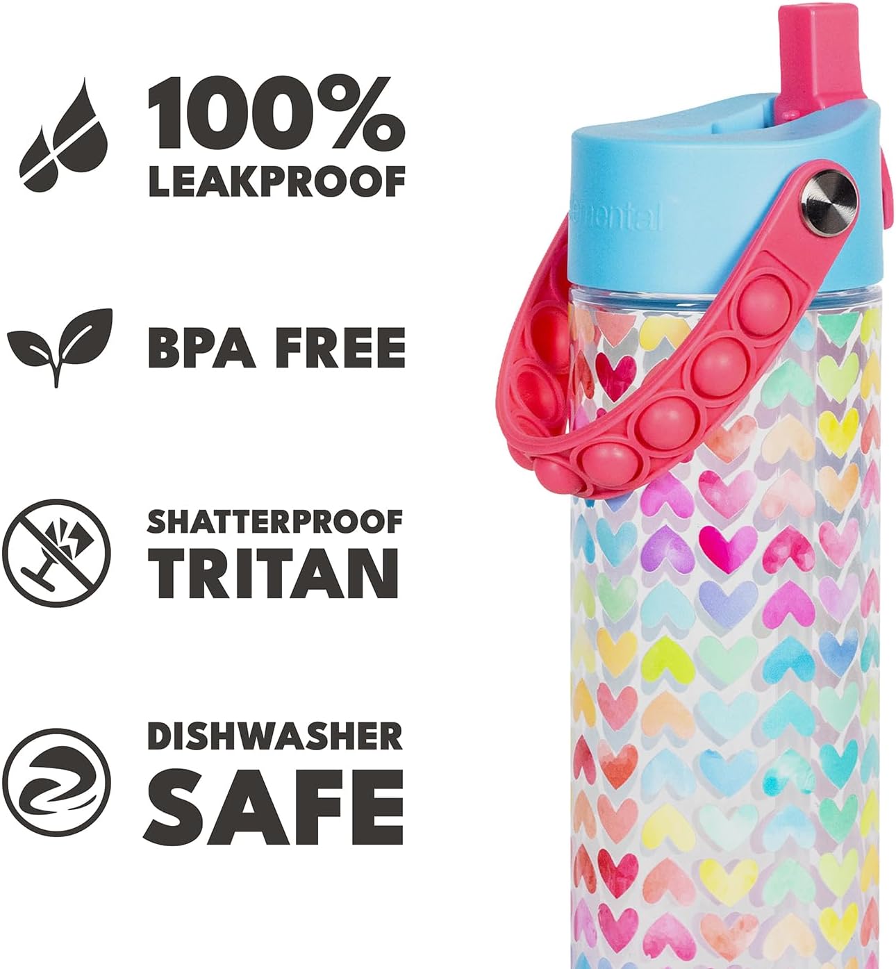 Elemental Splash Water Bottle with Straw - BPA-Free Tritan Plastic Reusable Water Bottle with Pop It Strap - Ideal for Travel, Gym and Sports - Leak Proof when Spout is Closed - 26oz - Rainbow Heart