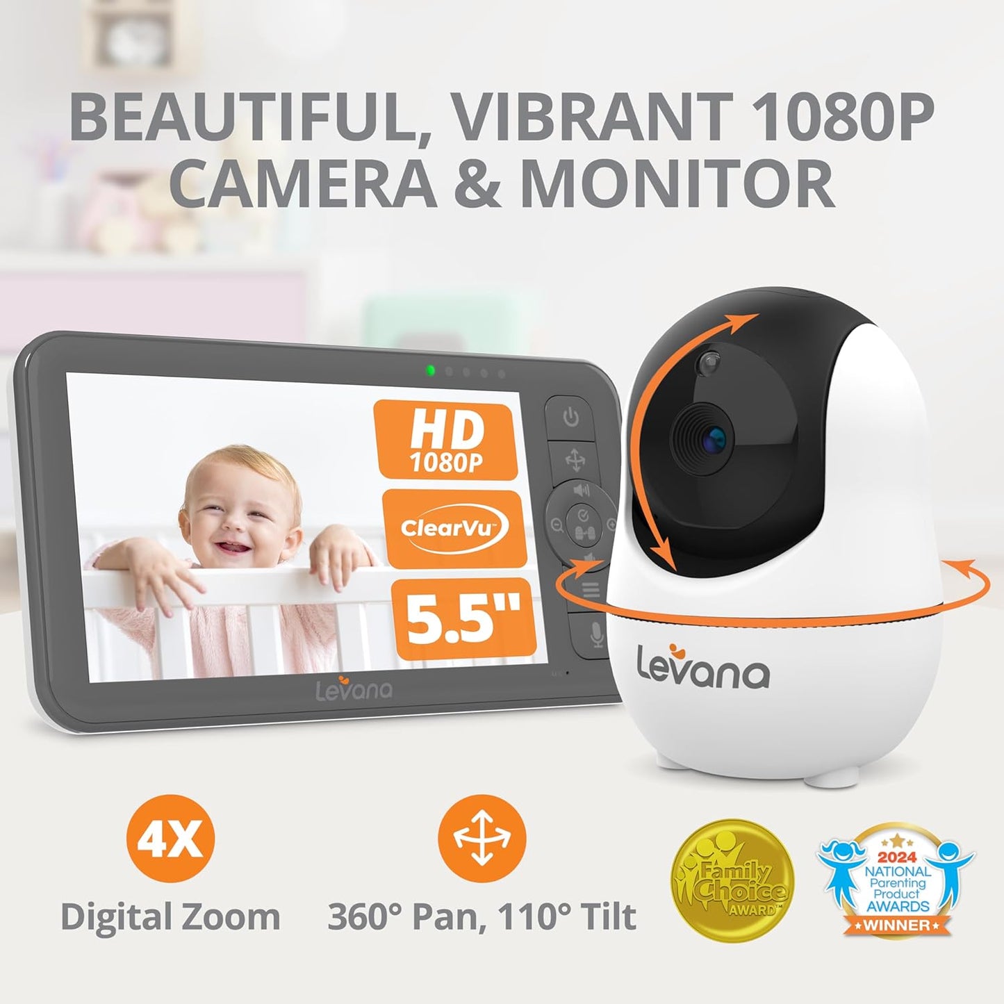 Levana Nala 5.5" HD Video Baby Monitor, 1080P Night Vision PTZ Camera, 22 Hour Battery Life, 5000mAH Battery, No WiFi, Two-Way Talk, 1000ft Range, Carrying Case, 2 Year Warranty