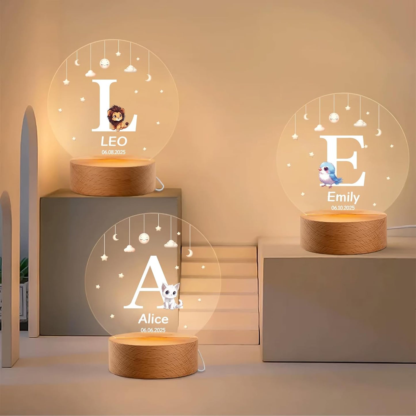 callie Acrylic Night Light Name Plate Personalized, Custom Cute Animal Dog Cat with Wooden Base Bedroom Decor, Birthday Gifts Kid Gifts for Family (Cute Animal Dog Cat)