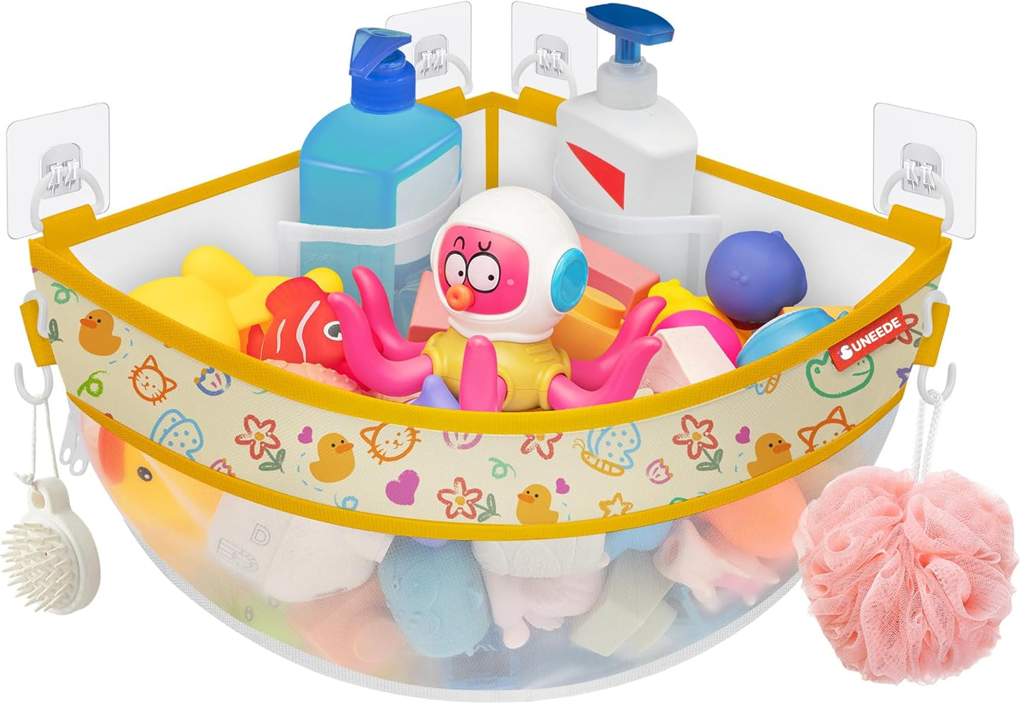 UNEEDE 4.32 Gallons Duck Print Corner Mounted Bath Toy Storage Holder, Yellow Mesh Shower Caddy for Bathtub Organizer, Quick Dry Holder