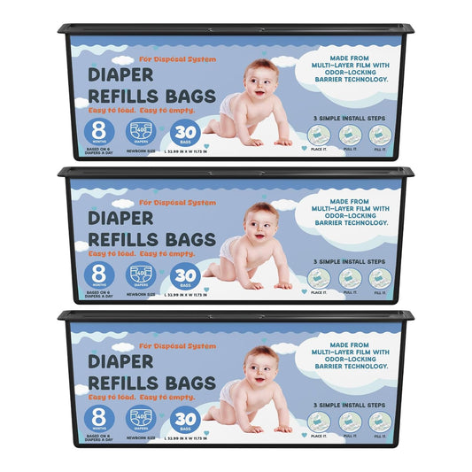 Diaper Pail Refills Bags with 30 Bags Compatible with Genie Easy Roll Signature Diaper Pails and Platinum Diaper Pails, Lasts Up to 8 Months, 7-Layer Odor-Barrier Technology, 3 Pack (90 Bags)
