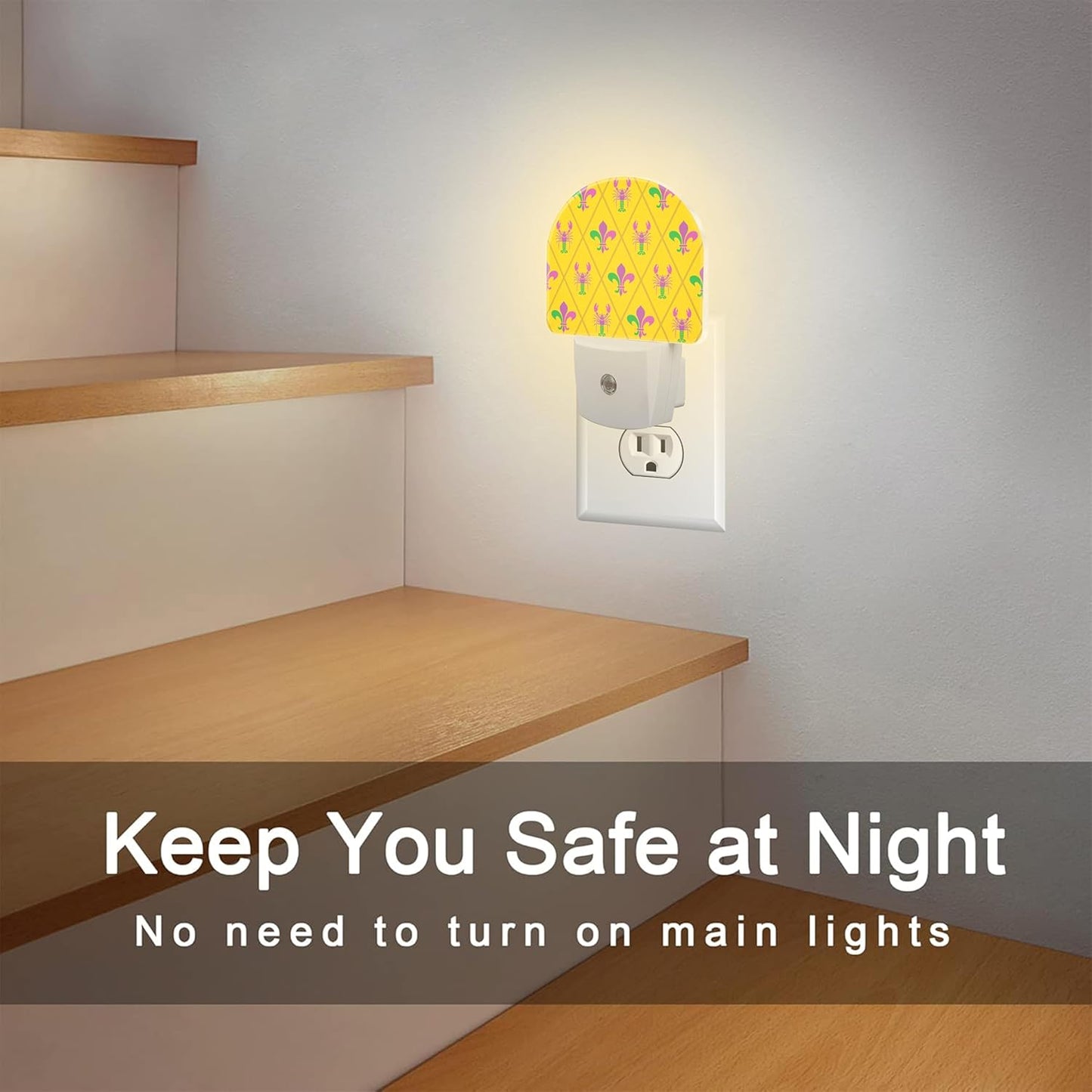 Mardi Gras Carnival Design Night Light, Crayfish and Fleur De Lis Dusk to Dawn Night Light Plug in, 0.5w Energy Saving Sleep Friendly Nightlights for Kids Boys Girls Home Decor