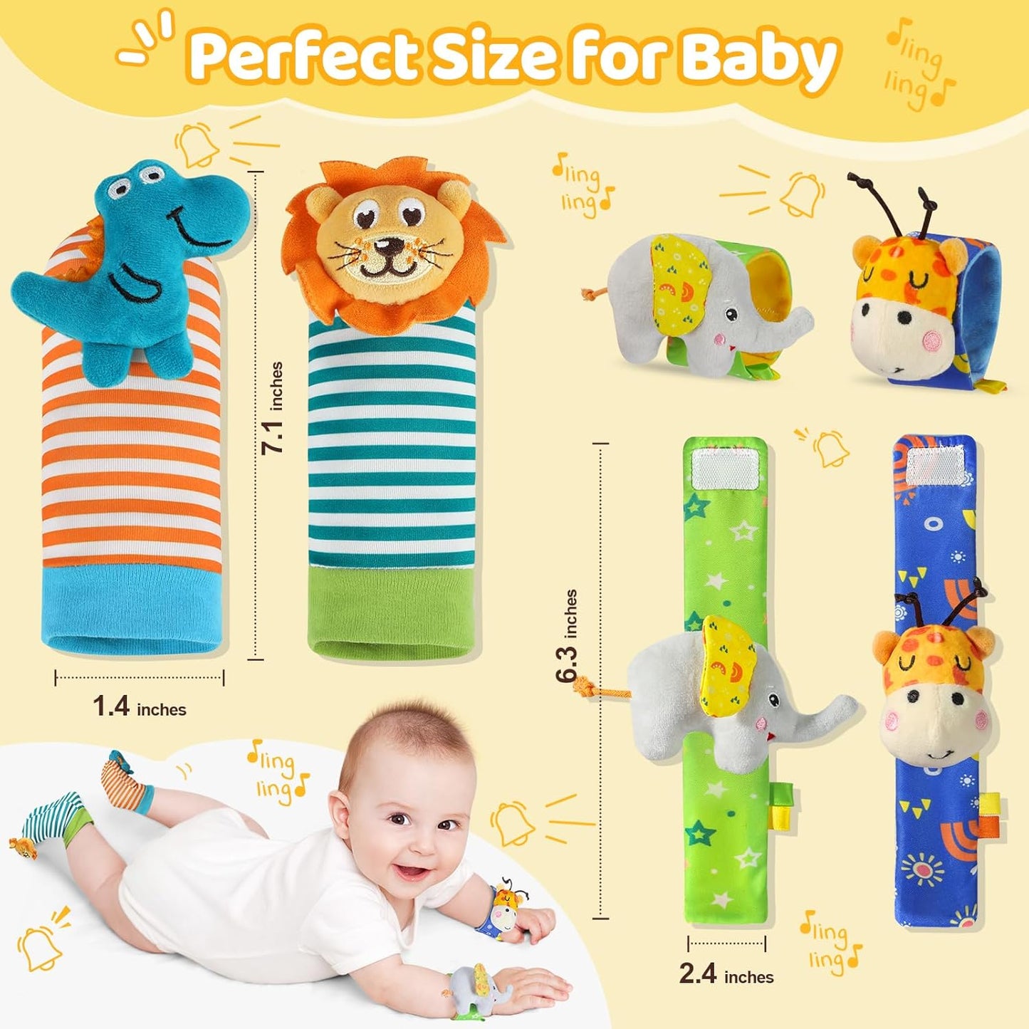 URMYWO Wrist Rattles for Baby - Rattle Socks - Foot Finder Set - Baby Toys for 0-12 Months Infant - Newborn Essentials - Early Learning Sensery Toys for Boys and Girls as Shower Gifts