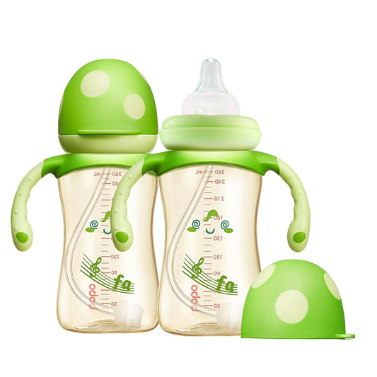 YOHKOH Natural PPSU Baby Bottle with Natural Response Nipple, Newborn Anti-Colic Baby Bottles with Handle, Wide Neck Mushroom Cap Baby Bottle (8.8oz (Pack of 2), Green1)