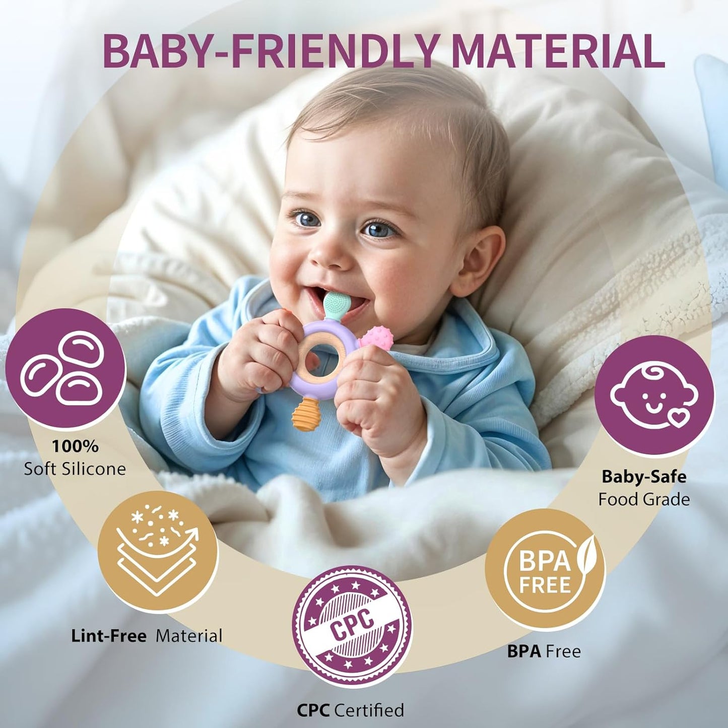 akolik Teething Toys for Babies, Baby Teethers Toy Teething Ring Silicone, Grasping Teething Toy, BPA Free Teething Newborn Accessories for Baby 0 3 6 9 12 18 Months (Purple)