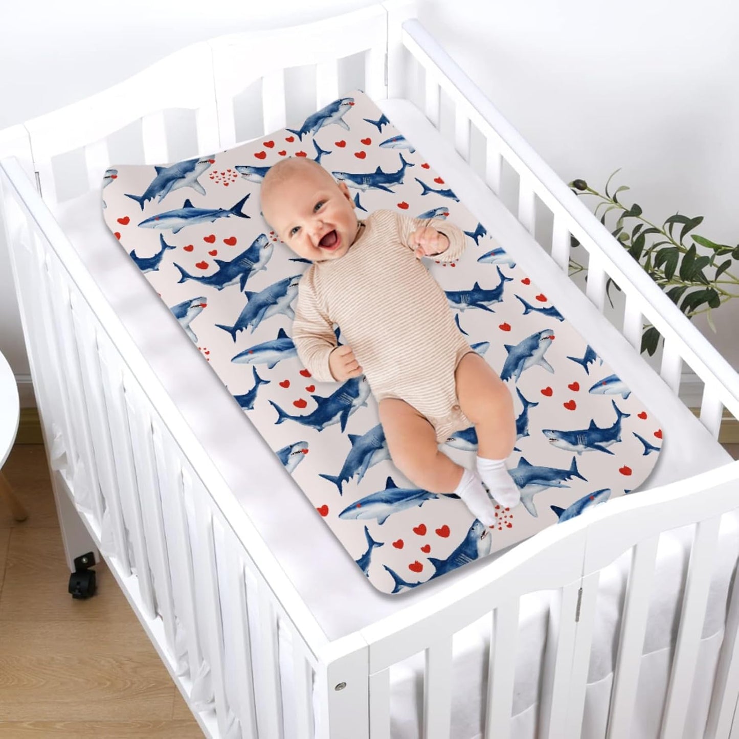 Sea Shark Hearts Changing Pad Cover Sea Ocean Marine Animal Shark Love Diaper Changing Pad Cover for Boys Girls Soft Stretch Diaper Changing Pad Cover Sheets 32''x16''