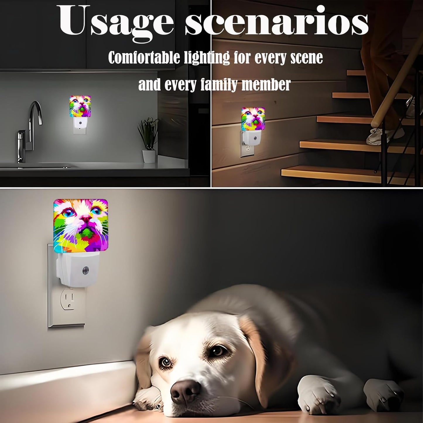 Colorful Cat Night Light,Plug Into Wall Decor for Stairway,Hallway,Kitchen,Dusk to Dawn Sensor Nightlights for Boys/Girls/Women/Men Room Gifts