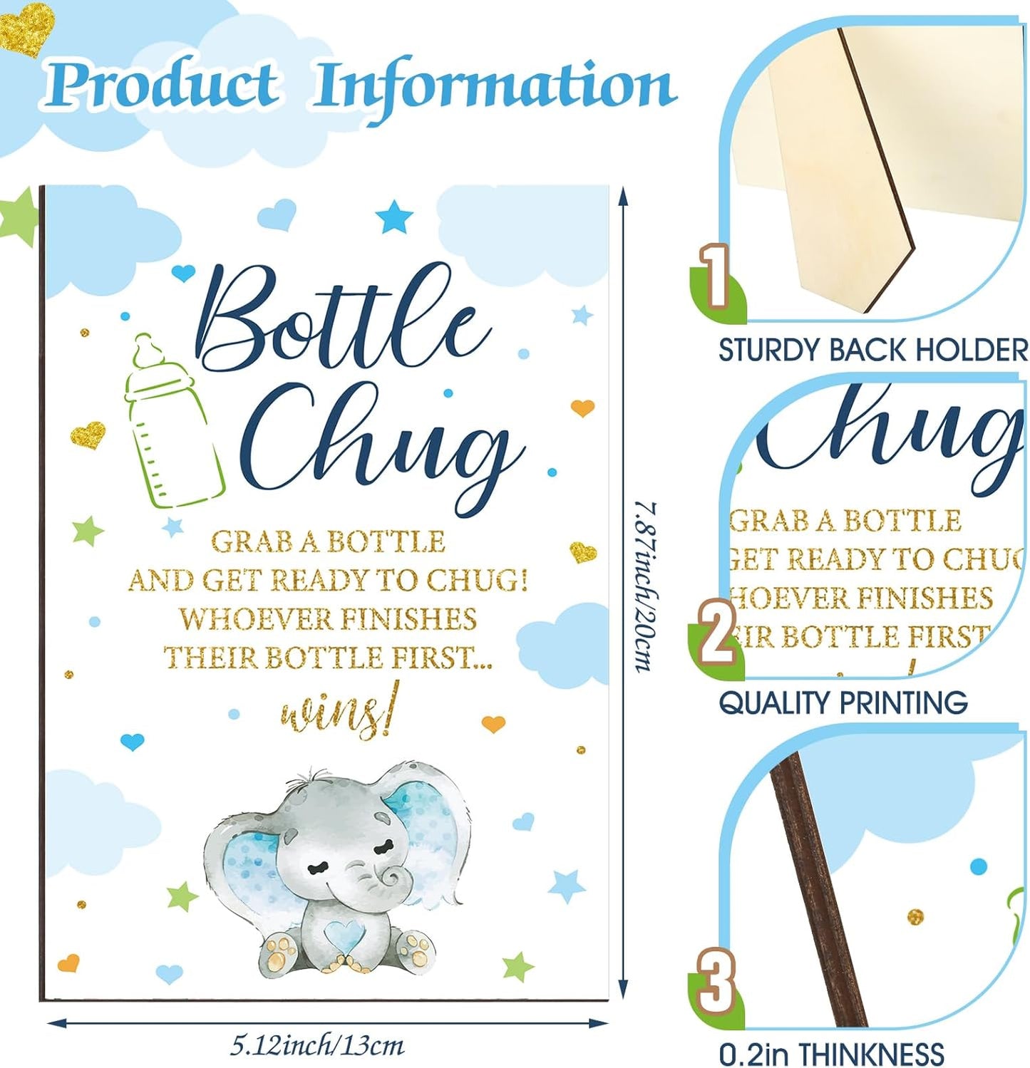 TrelaCo Blue Elephant Cool Baby Shower Games Bottle Chug Sign Wooden Elephant Theme Gift Sets Gender Reveal Party Favors and 12 Pcs Baby Bottle Shower Favor for Games Gender Reveal