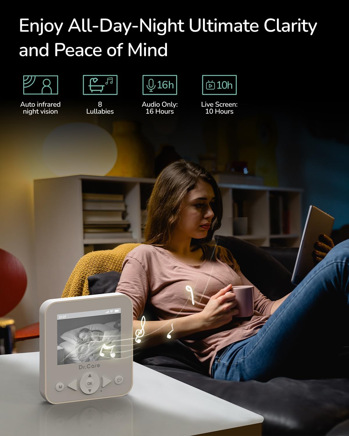 Dr.Care NeoView Baby Monitor No WiFi with Belt Clip Design - 2.8” Screen, 2-Way Audio, Video Loop Recording, Night Vision, Real-Time/VOX Monitoring, Temperature Sensor, Lullabies