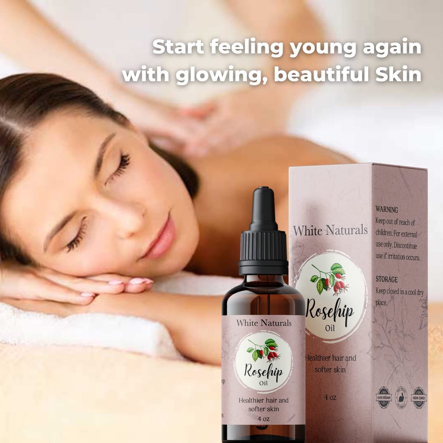 White Naturals Organic Rosehip Seed Oil Cold Pressed, Unrefined 100% Pure Rose Hip Carrier Oil, Natural Moisturizer For Body Face Hair Skin Massage & Nails, Facial Serum Anti-Aging Treatment 4 oz