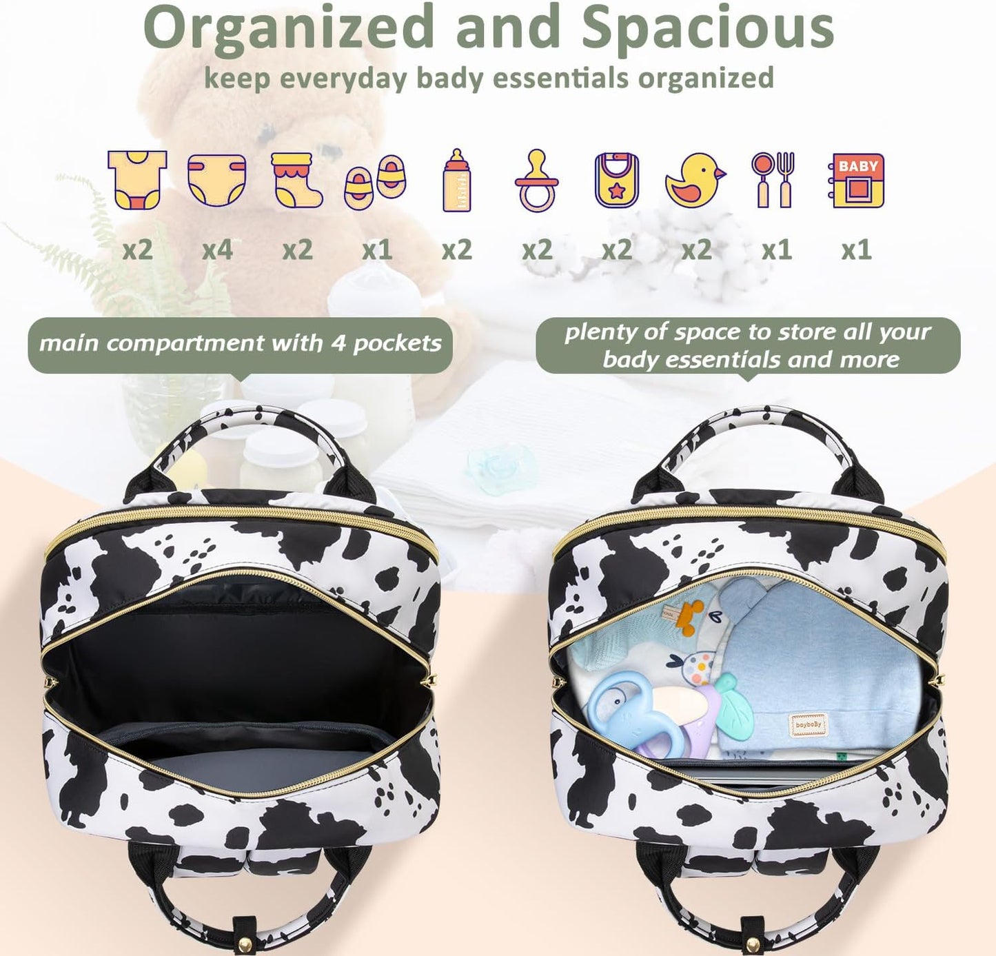 Diaper Bag Backpack,Baby Essentials Diapers Bag with Pacifier Case,Multipurpose Stylish Large Capacity Travel Backpack for Baby Girl/Boy(L-Cow Print)