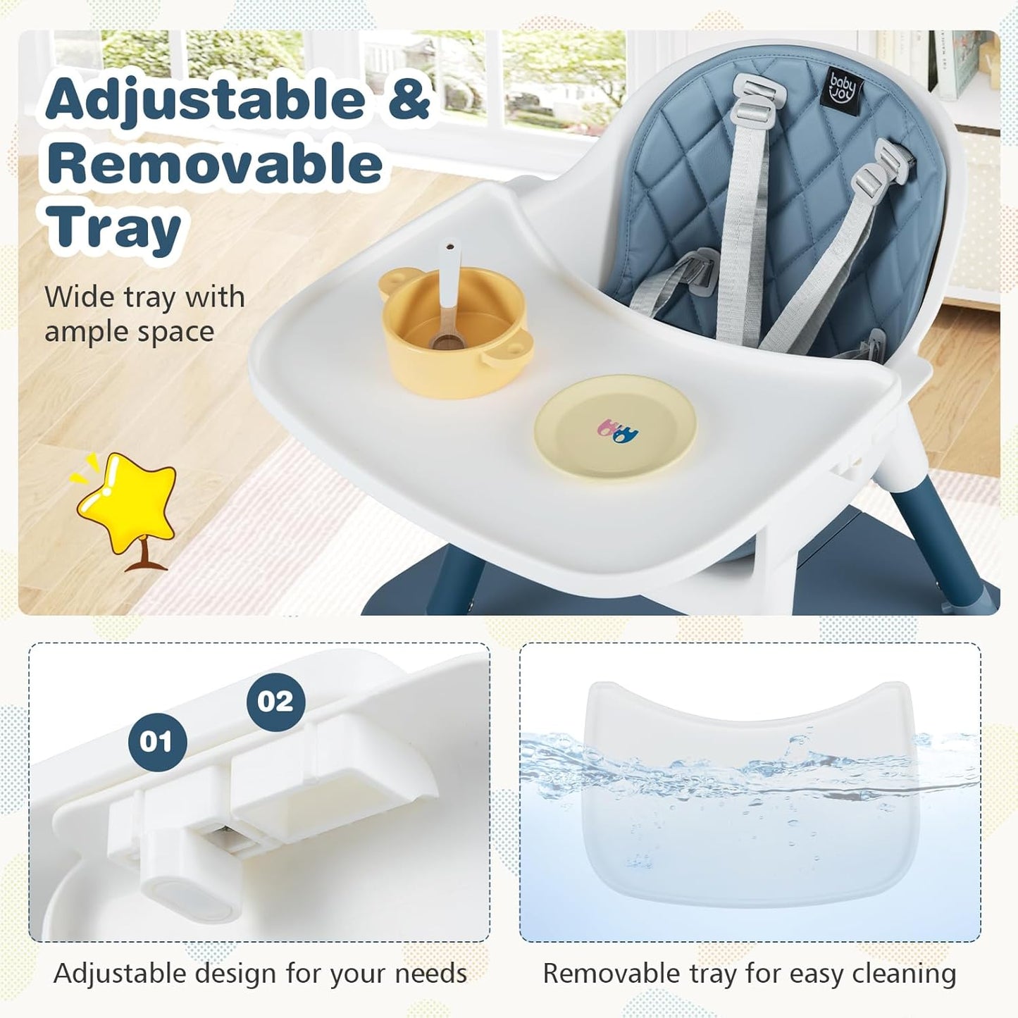 BABY JOY High Chair, 5 in 1 Convertible Highchair for Babies & Toddlers | Booster Seat | Table and Chair Set | Infant Feeding Chair with Removable Tray, Safety Harness, Removable Cushion (Blue)