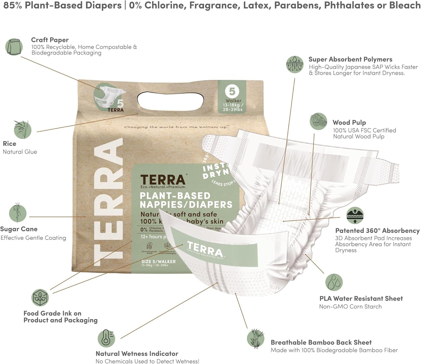Terra Size 5 Plant-Based Diapers: Ultra-Soft & Chemical-Free for Sensitive Skin, Superior Absorbency for Day or Night, Toddlers 28-39 Pounds, 16 Count