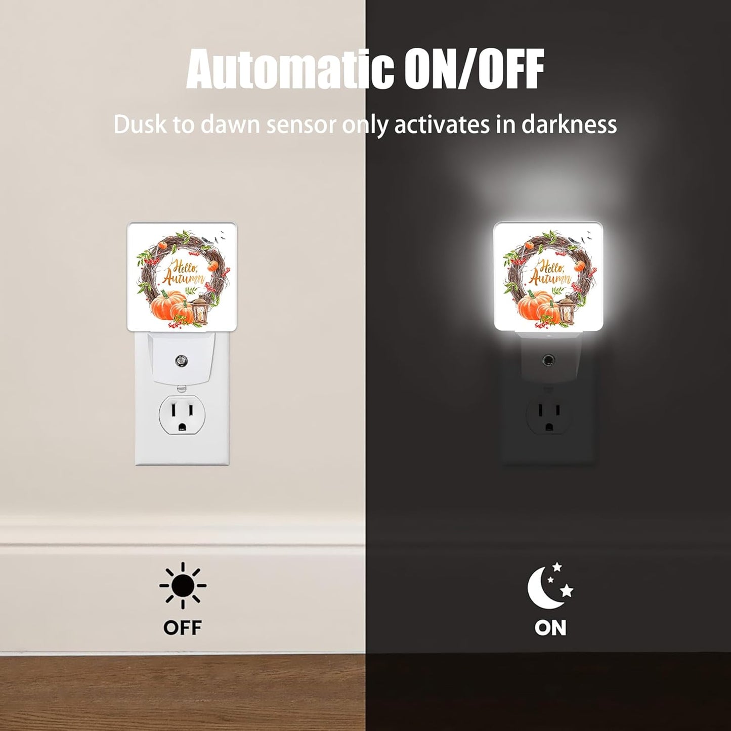 Hello Autumn Night Light, Pumpkin Plug into Wall with Dusk to Dawn Light Sensors, Warm Nightlights for Bedroom, Bathroom, Hallway, Kitchen, Gifts Ideal for Boys Girls Women Men
