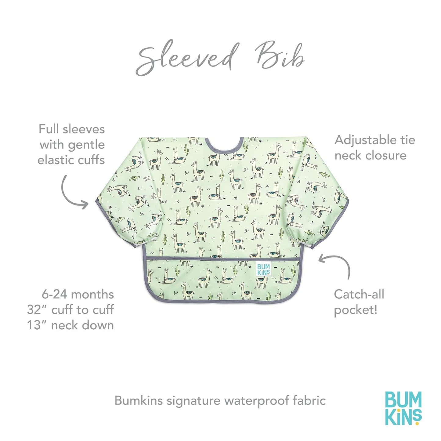 Bumkins - Sleeved Bib - For Boys & Girls, Babies & Toddlers 6-24 Months - Lightweight, Durable, Waterproof - Long Sleeve Bib - Catch-All Pocket - Wipeable & Machine Washable - Cactus & Llama - 2 Pack
