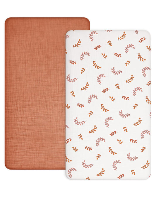 Crib Sheets for Baby Boy Girl 2 Pack, Fitted Crib Mattress Sheet 28" x 52", Muslin Toddler Bedding with Neutral Style, Nursery Bedding Essentials (Brick & Leaf)