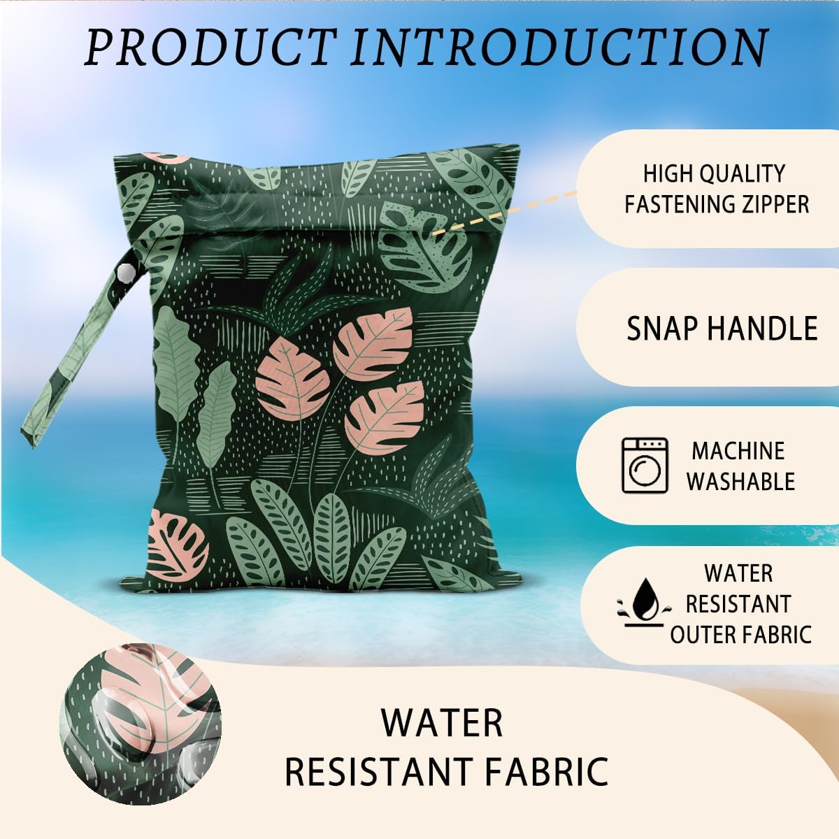 Plant Wet Bags 12x10 Inch, Summer Waterproof Wet Dry Bags, Palm Leaves Reusable Washable Travel Laundry Bag for Swimsuit Beach Diapers Dirty Yoga Gym Clothes, Plant Gifts for Women Friend Travelers