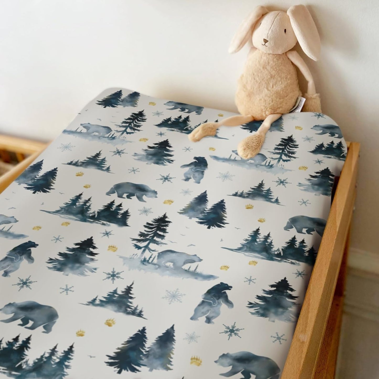 Watercolor Bear Winter Changing Pad Covers for Baby Girls Boys Pastel Bear Pine Trees Snowflakes Tracks Fitted Change Table Pad Mats Wild Animals Adventure Soft Diaper Changing Pad Sheets 32''×16''
