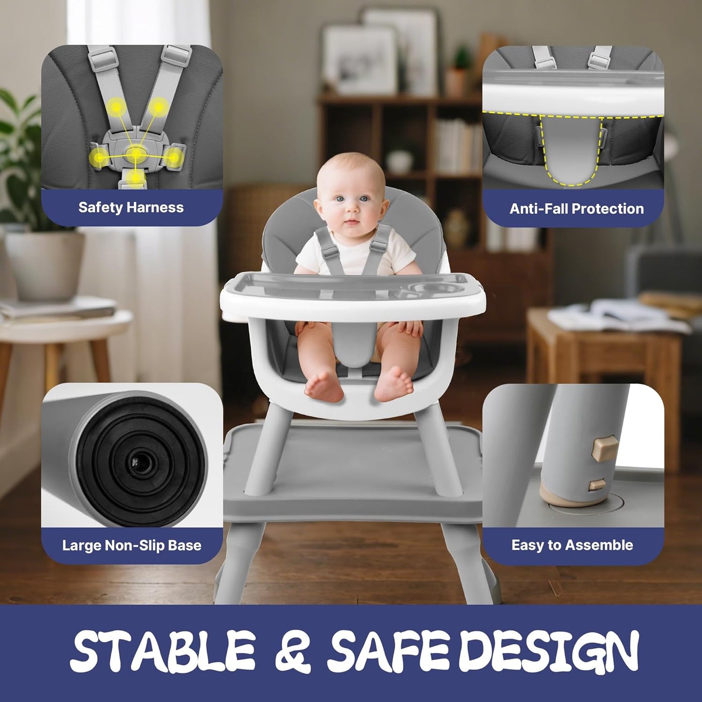 4 in 1 Baby High Chair, Toddler Chair with Removable Tray, Convertible High Chairs for Babies and Toddlers, Kids Learning Table, Building Block Table, Dining Booster Seat with Safety Harness, Gray