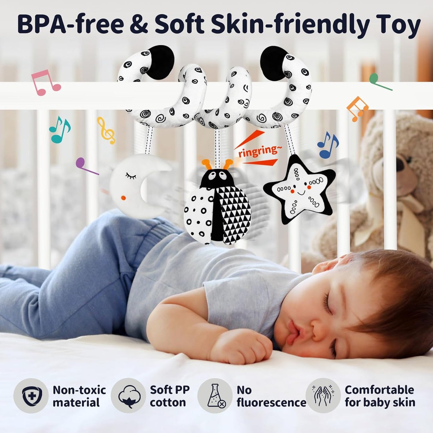 TSYAN Car Seat Toys for Babies 0-6 Months,Hanging Rattle Toys for Crib Mobile, Baby Spiral Hanging Stroller Black and White High Contrast Toys for Newborn 0 3 6 9 12 Months Baby Boys Girls (Bug)
