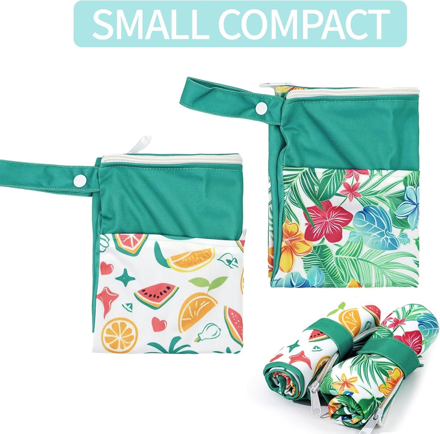 2pcs Wet Bags Waterproof Reusable Wet Dry Bag with Two Zippered Pockets Travel Beach Pool Daycare Yoga Gym Bag for Baby Cloth Diaper,Swimsuits,Wet Clothes (Flowers & Fruits)