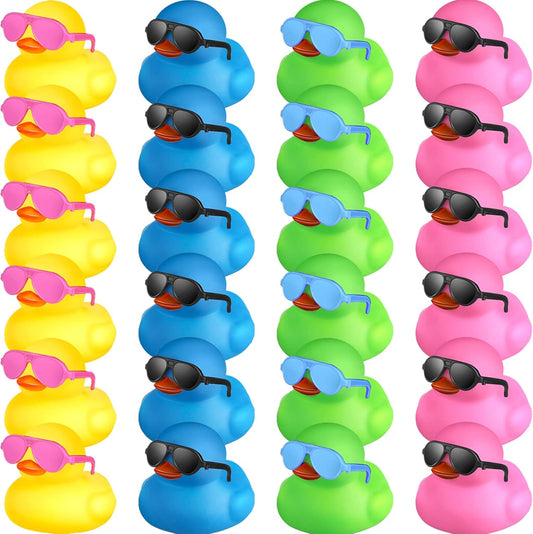 24 Pcs Mini Rubber Ducks with Sunglasses, Rubber Ducks in Bulk Valentine Bathtub Toys for Cruise Valentines Kids Classroom Gift Exchange(Eyeglasses,Yellow, Blue, Pink, Black, Green)