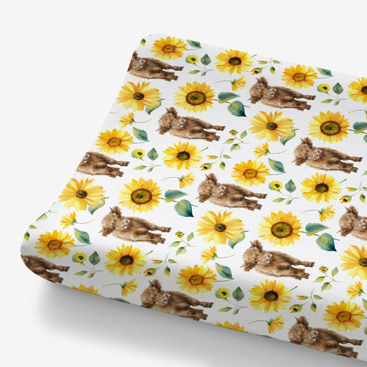 HawSkgFub Highland Cow Sunflower Changing Pad Cover for Baby Girls, Western Farm Animal Fall Flower Diaper Change Table Covers, Soft Stretchy Safe Snug Fitted Changing Mat Sheet Fit 32"/34" x 16"