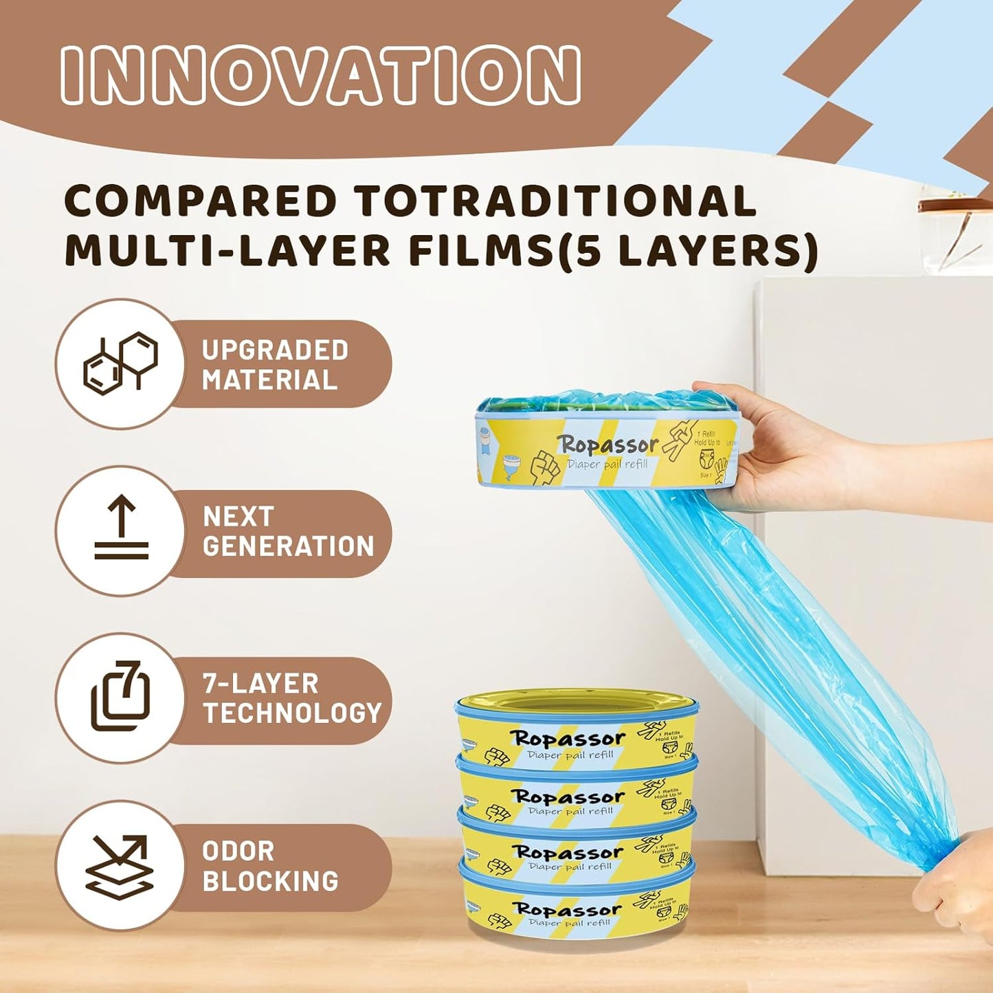 Diaper Pail Refill Bags for Genie Complete/Expressions & Munchkin Step Diaper Pail (1120count) 4 Packs, 7-Layer Odor-Absorbing, Disposable Diaper Poop Bags, Baby essentials