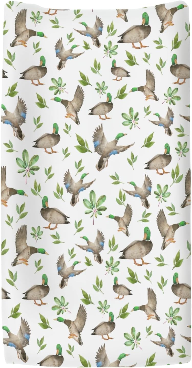 Wild Ducks Green Leaves Changing Pad Covers for Baby Girl Boy Green Mallard Ducks Fitted Change Table Cover Mats Duck Hunting Animals Soft Diaper Changing Table Sheets 32''×16''
