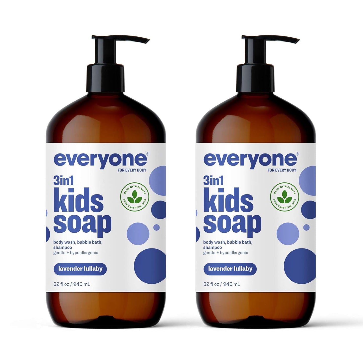 Everyone 3-in-1 Kids Soap, Body Wash, Bubble Bath, Shampoo, 32 Ounce (Pack of 2), Lavender Lullaby, made with Essential Oils for Toddlers, tweens and teens