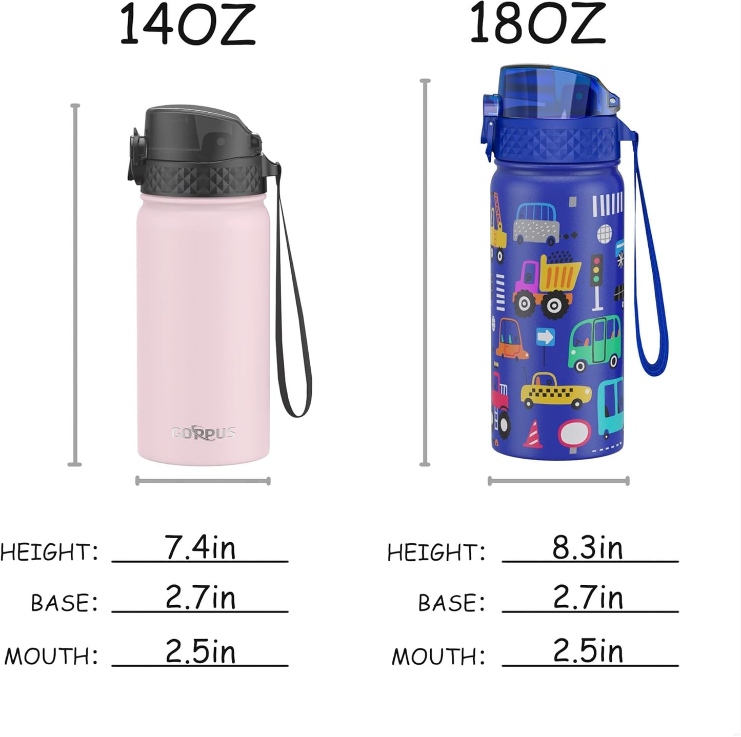 Kids Water Bottle, GOPPUS 14 oz Insulated Water Bottle with Straw, Double Vacuum Leakproof, BPA Free, for Boys and Girls, Blue Construction Truck