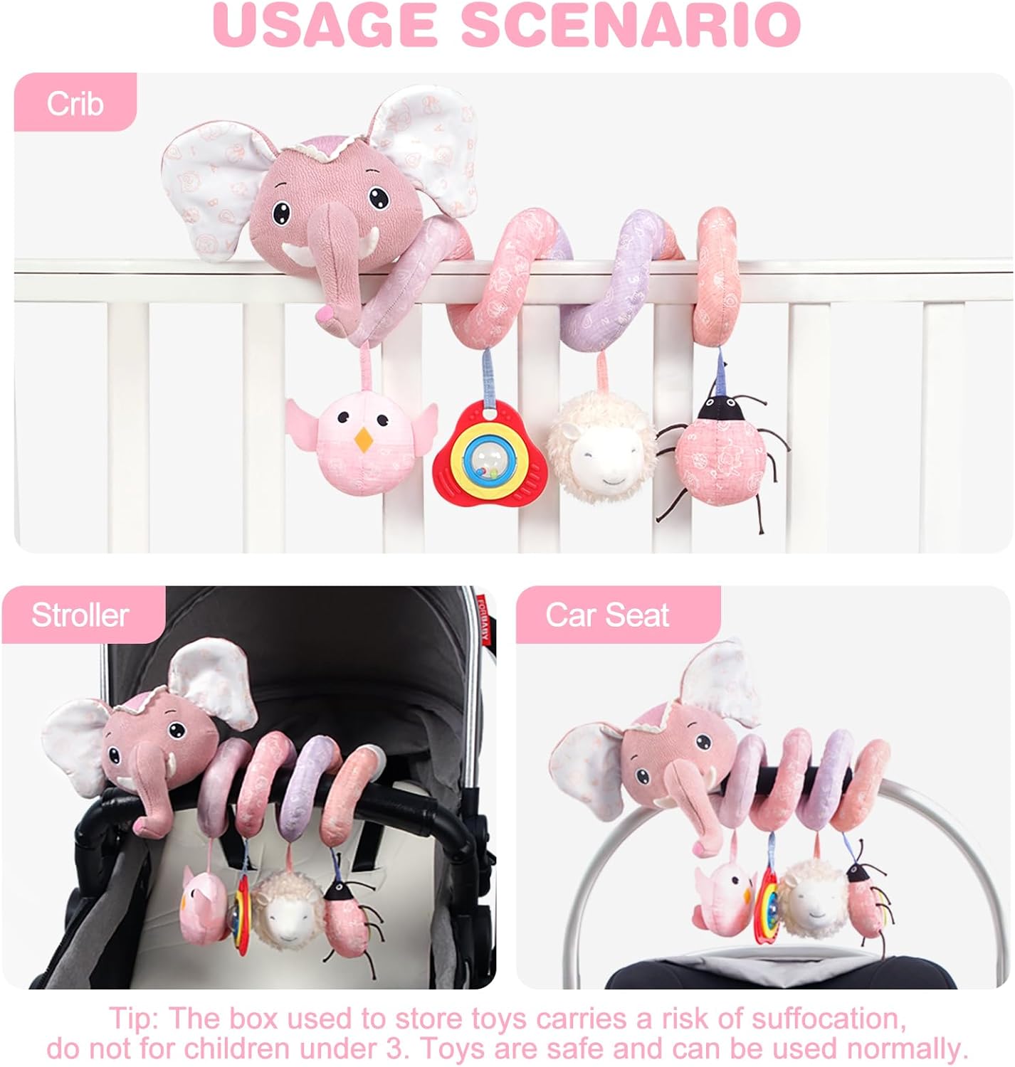 Jollybaby Crib Stroller Car Seat Toys for Baby 0-3-6-9-12 Months, Tummy Time Hanging Sensory Toys for Newborn with Music Box and Teether, Spiral Carseat Toy for Boys Girls Gifts (11-Sz Pink Elephant)