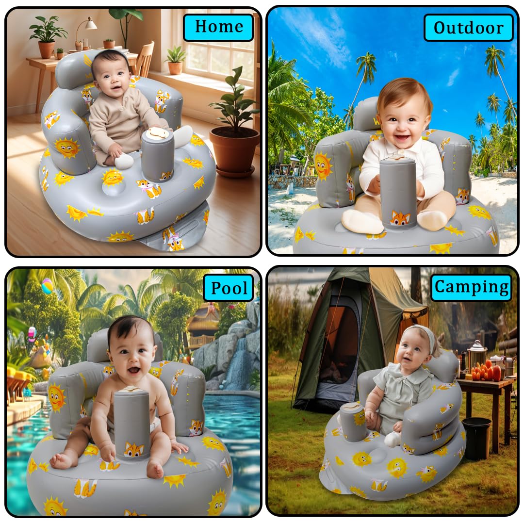 Inflatable Baby Seat for Babies 3-36 Months Blow Up Chair for Babies Infants Toddler Floor Sitting Up with Built in Air Pump (Grey, Tigers & Suns)