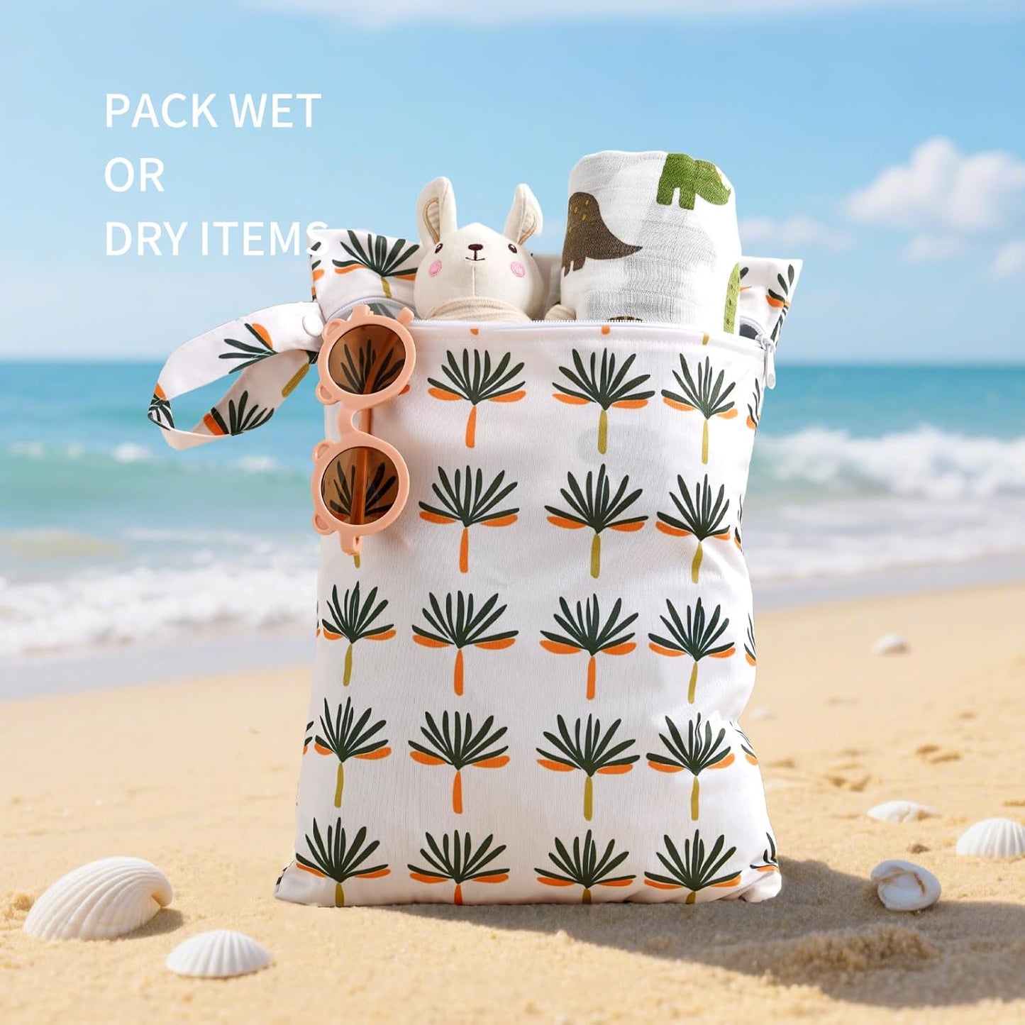 2Pcs Baby Wet Dry Bags for Cloth Diaper,Waterproof Reusable Travel Bags, Beach, Pool, Gym Bag for Swimsuits, Beach Vacation Essentials (Coconut Tree)