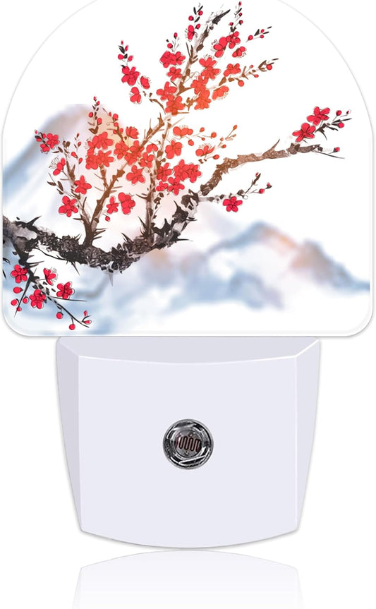 Plug in Night Lights Oriental Cherry Tree Ink Painting Nightlight Plug Into Wall Dusk to Dawn Sensor LED Night Light for Kid Girls Boys Room Decor,Hallway,Kitchen,Bathroom,Nursery,Stairs