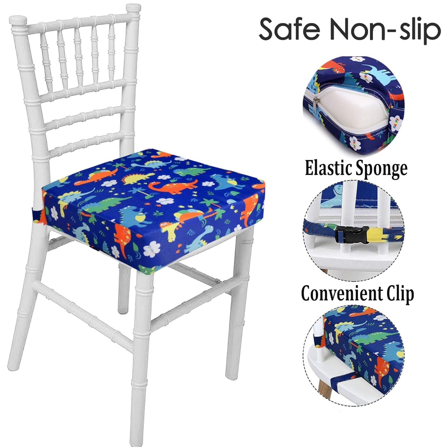 Taeku Booster Seat for Dining Table, Portable Kids Toddler Booster Chair Increasing Cushion Cartoon Seat Pad with 2 Safety Buckles for Kitchen Restaurant (Dinosaur Blue)