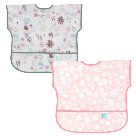 Bumkins - Junior Bib - For Boys & Girls, Toddlers & Kids 1-3 Years - Lightweight, Durable, Waterproof - Short Sleeve Bib - Catch-All Pocket - Wipeable & Machine Washable - Floral & Lace - 2 Pack