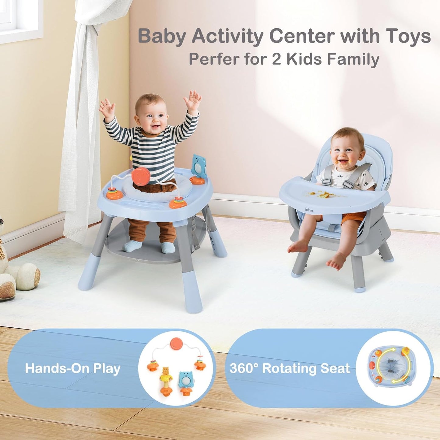 INFANS 9 in 1 High Chair, Convertible Baby Highchair for Babies and Toddlers, Table and Chair Set Building Block Infant Dining Booster Seat, Kids Stool with Activity Children Play Kitchen (Blue)