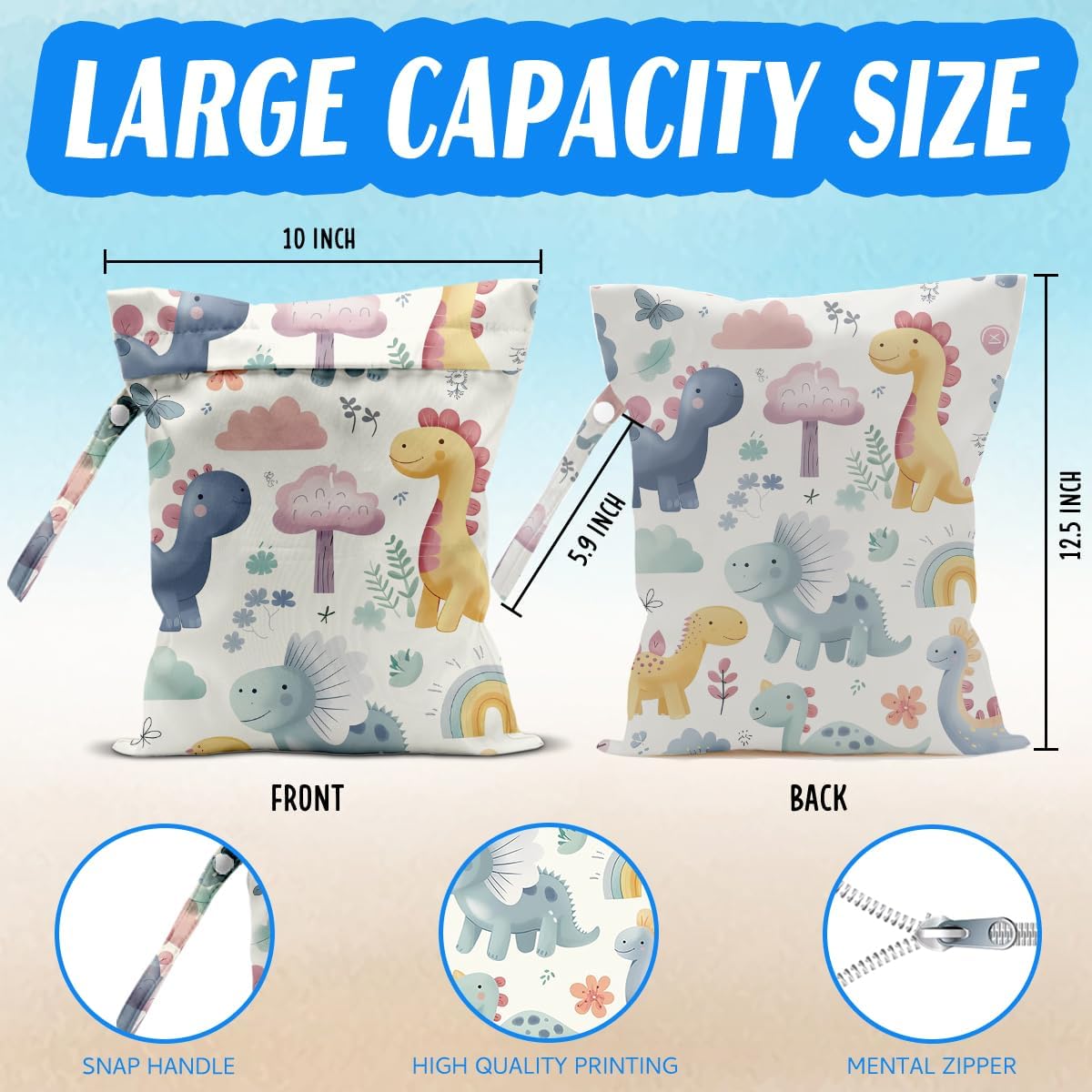 Wet Bag for Baby Swimsuit Dirty Clothes Diaper Yoga Gym, Wet Dry Bag, Beach Vacation Essential for Baby Travel Poor Swiming Bathing Toddler Diapers (Dinosaur 2)