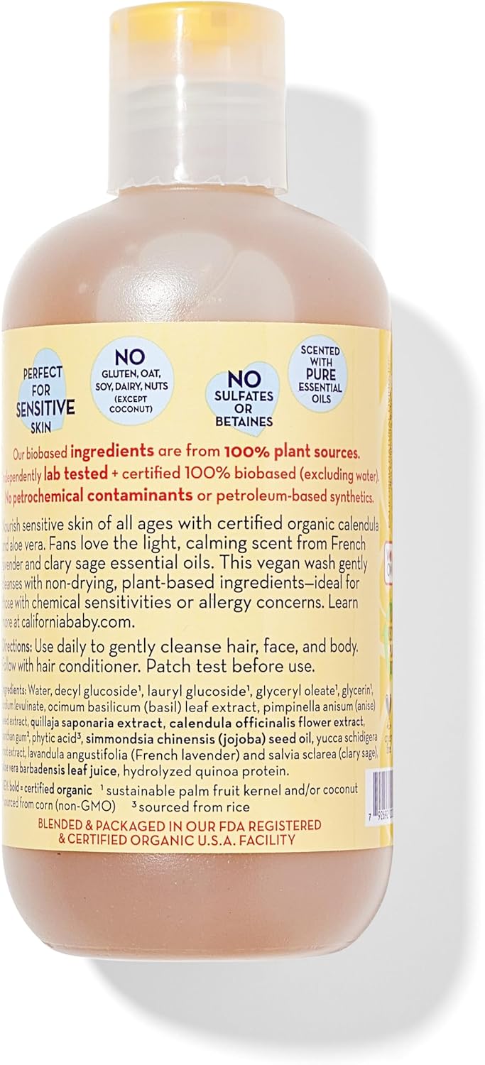 California Baby Calendula Baby Shampoo + Baby Wash | 100% Plant-Based | Soothing Lavender Body Wash Sensitive Skin | Hypoallergenic | 251 mL / 8.5 oz