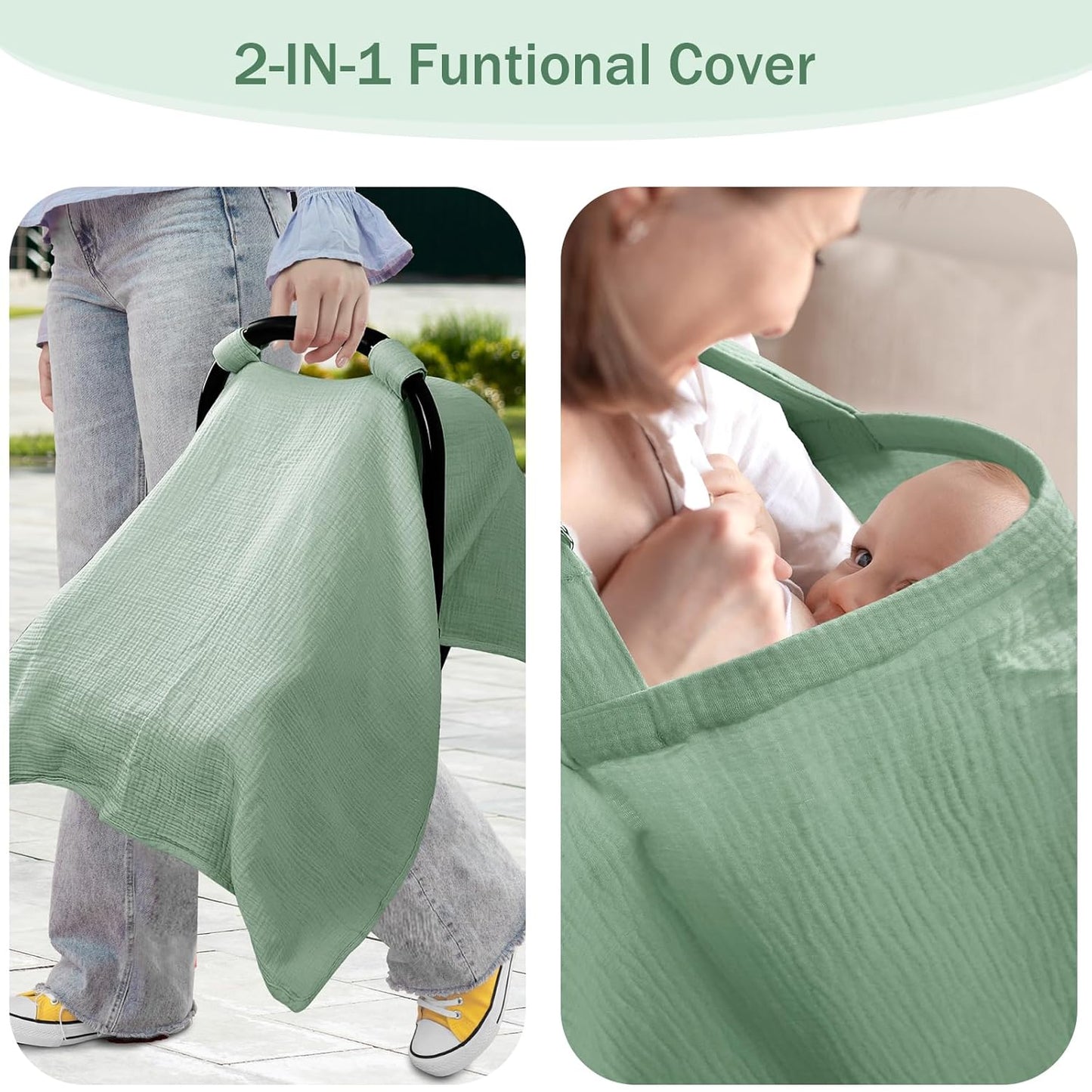 Hooyax 2-in-1 Baby Car Seat Cover & Nursing Cover, 100% Muslin Cotton, Breathable Car Seat Canopy and Privacy Breastfeeding Cover, Green